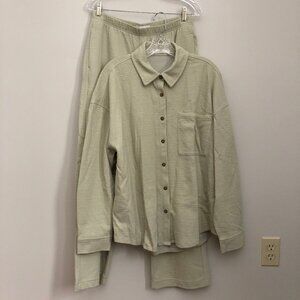 OAK + FORT Oversized Co-Ord Set Button Shirt Textured Green Color Women's Medium
